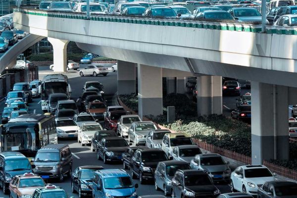 Cars stuck in traffic.